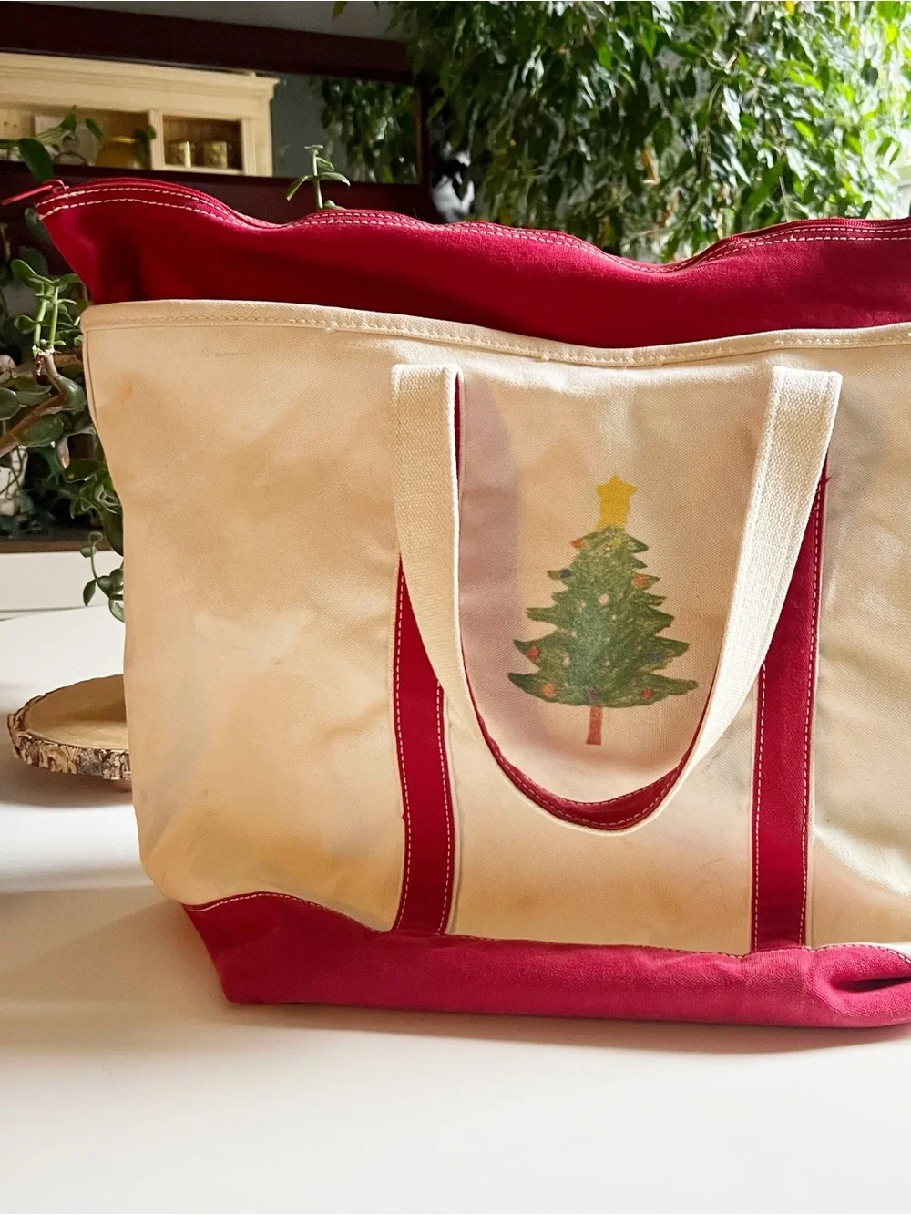 Lands End X-Large Christmas Tree Canvas Tote Cream & Red